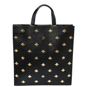 Pre Owned Gucci Black Leather Bee Star Two-Way Tote 