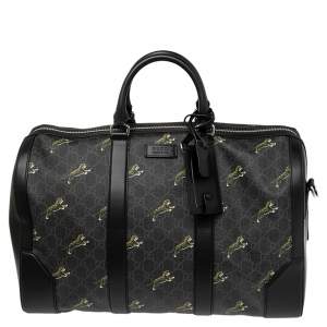 Gucci Black Tiger Print GG Supreme Canvas and Leather Carry On Duffel Bag