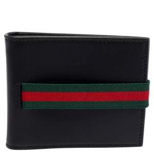 Gucci Black Leather Web Money Clip Bifold Wallet
