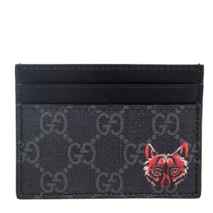 Gucci Black/Grey GG Supreme Canvas and Leather Wolf Printed Card Case