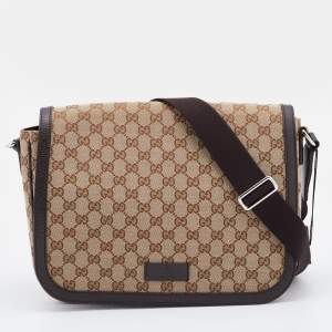 Gucci Beige/Brown GG Canvas and Leather Large Flap Messenger Bag
