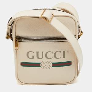 Gucci Off White Logo Print Leather Messenger Bag