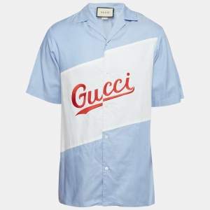 Gucci Blue Logo Embroidered Cotton Loose Fit Bowling Shirt XS