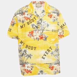 Pre Owned Gucci Yellow Printed Cotton Bowling Shirt S