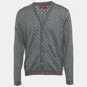 Pre Owned Gucci Grey /Black GG Intarsia Wool Blend Cardigan M