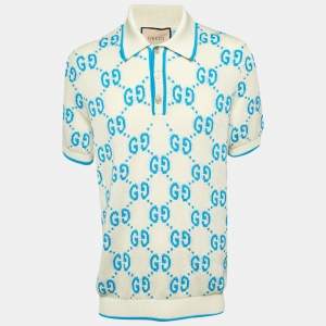 Pre Owned Gucci Off White GG Cotton Knit Polo T-Shirt M