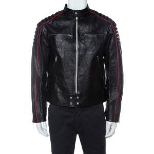Gucci Black Calf Leather Quilt Detail Zip Front Biker Jacket M