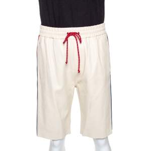 Gucci Cream Leather Stripe Detail Drawstring Waist Shorts M