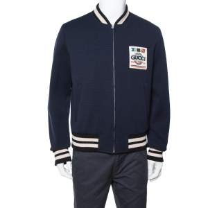 Gucci Navy Blue Wool Logo Patch Bomber Jacket XL