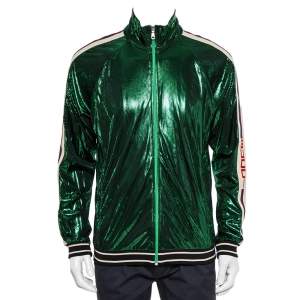 Gucci Green Lame Side Stripe Detail Zip Front Oversized Jacket XS