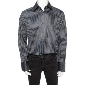 Gucci Grey Striped Cotton Body Slim Fitted Shirt L 