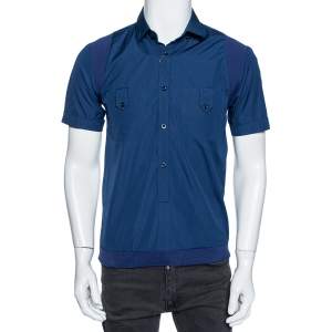 Gucci Blue Cotton & Ribbed Knit Trim Short Sleeve Shirt M 
