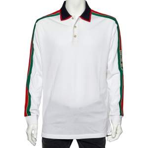 Gucci White Cotton Pique Logo Web Stripe Detail Long Sleeve Polo T-Shirt XXL