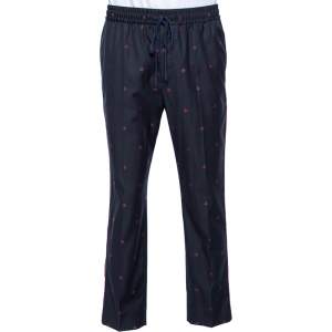 Gucci Navy Blue Wool Contrast Trim & Bees Detailed Gabardine Pants M