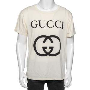 Gucci Cream Logo Printed Cotton Knit T-Shirt S