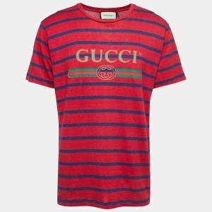 Gucci Red/Blue Striped Logo Print Linen Blend Half Sleeve T-Shirt S