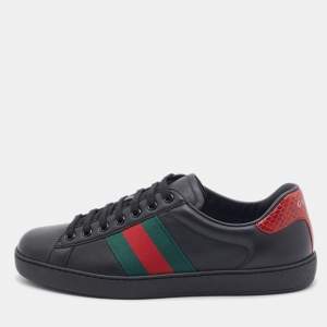 Gucci Black Leather Ace Web Low Top Sneakers Size 40