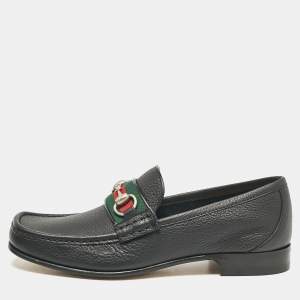 Gucci Black Leather Web Horsebit Loafers Size 40