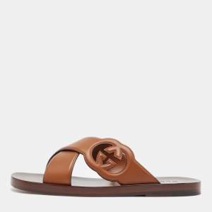 Gucci Brown Leather Interlocking G Logo Slides Size 42