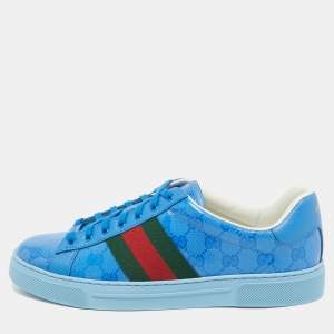 Gucci Blue GG Canvas and Leather Ace Lace Up Sneakers Size 42