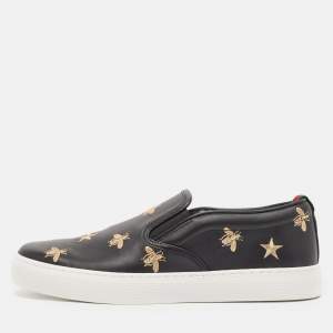 Gucci Black Leather Bees Slip On Sneakers Size 40