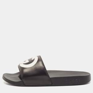 Gucci Black/White Leather Interlocking G Pool Slides Size 42