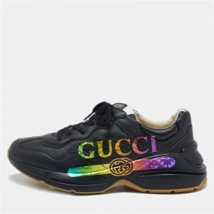 Gucci Black Leather Iridescent Logo Rhyton Sneakers Size 42.5