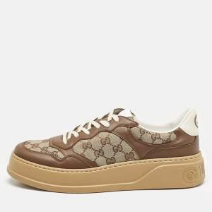 Gucci Brown/Beige GG Canvas and Leather Screener Low Top Sneakers Size 45.5