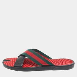 Gucci Black Leather And Web Tape Cross Strap Flat Slide Sandals Size 45