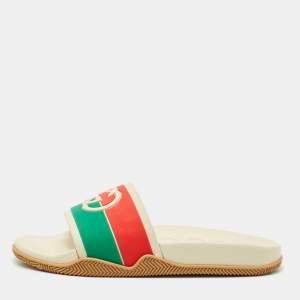 Gucci Multicolor Rubber Web Interlocking G Flat Pool Slides Size 42