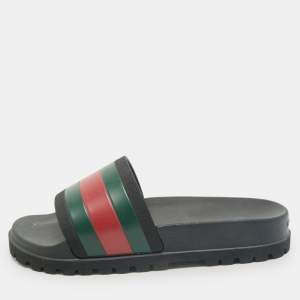 Gucci Black Rubber Pursuit Web Pool Slides Size 41
