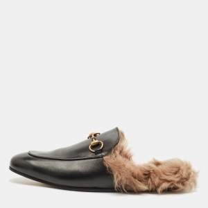 Gucci Black Leather and Fur Lined Princetown Flat Mules Size 44.5