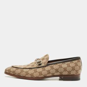 Gucci Beige GG Canvas Jordaan Horsebit Loafers Size 44