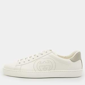 Gucci White Perforated Interlocking G Leather Ace Sneakers Size 42