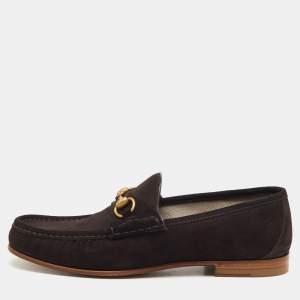 Pre Owned Gucci Dark Brown Suede Horsebit Slip On Loafers Size 43