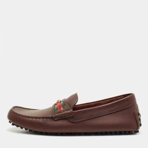 Pre Owned Gucci Brown Leather GG Interlock Web Detail Loafers Size 40