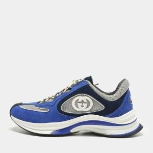 Pre Owned Gucci Run Size 41.5 Blue/Grey Nubuck Leather and Mesh Low Top Sneakers
