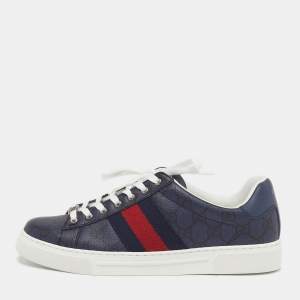 Pre Owned Gucci Ace Size 40 Blue/Black GG Supreme Canvas Low Top Sneakers