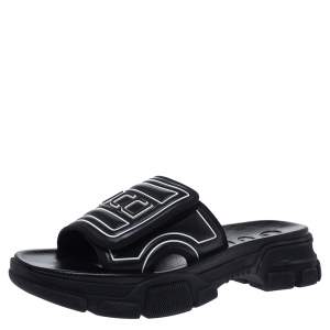 Gucci Black Leather Logo Slide Sandals Size 41