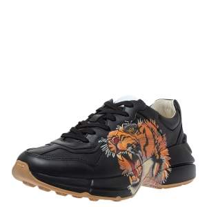 Gucci Black Leather Tiger Rhyton Low Top Sneakers Size 40