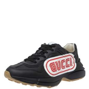 Gucci Black Leather Rhyton Logo Low Top Sneakers Size 44.5