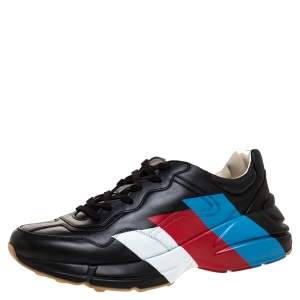 Gucci Black Leather Rhyton Logo Low Top Sneakers Size 44