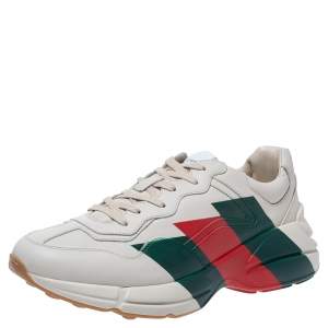 Gucci Cream Leather Web Rhyton Low Top Sneakers Size 44