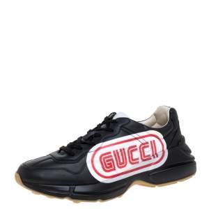 Gucci Black Leather Logo Print Rhyton Low Top Sneakers Size 44.5