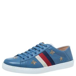 Pre Owned Gucci Blue Leather Bee Stars Ace Low Top Sneakers Size 44