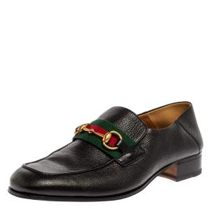 Gucci Black Leather Horsebit Web Detail Slip On Loafers Size 44.5