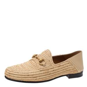 Gucci Beige Raffia Jordaan Horsebit Slip On Loafers Size 44.5