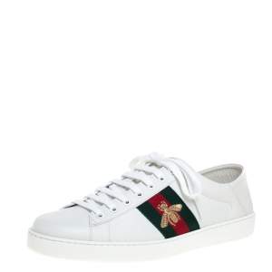 Gucci White Leather Embroidered Bee Ace Low Top Sneakers Size 44.5