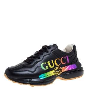 Gucci Black Leather Rhyton Gucci Logo Sneakers Size 42