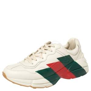 Pre Owned Gucci Cream Leather Web Rhyton Low Top Sneakers Size 43